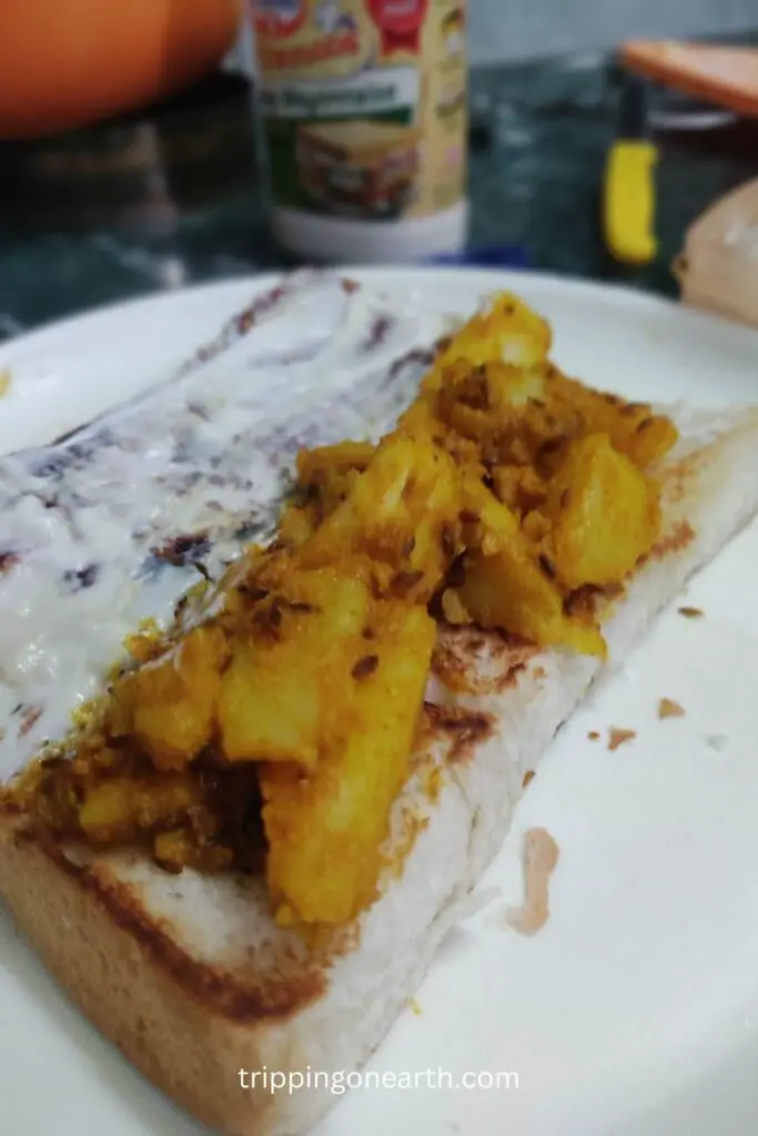 jeera aloo stuffed in bread with mayonnaise