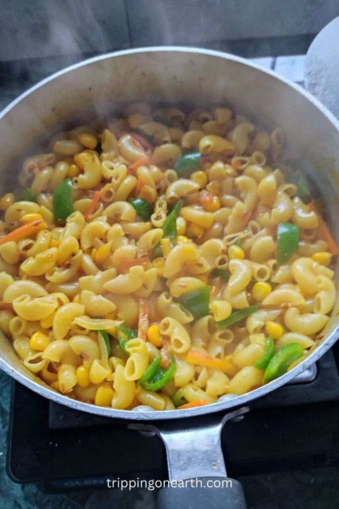 macaroni masala in a skillet