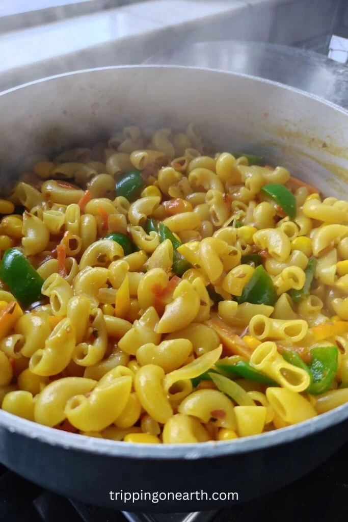 macaroni masala in a skillet