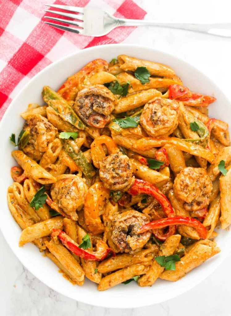 easy last minute dinners: Rasta Pasta With Jerk Shrimp