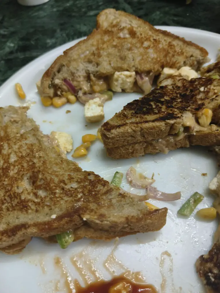 close up of paneer corn sandwich