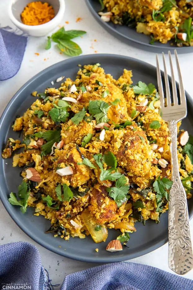 no carb breakfast Indian: cauliflower rice chicken biryani stir-fry