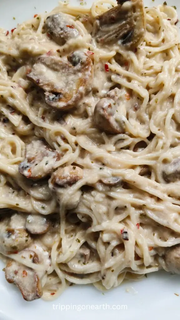 close up of mushroom alfredo pasta