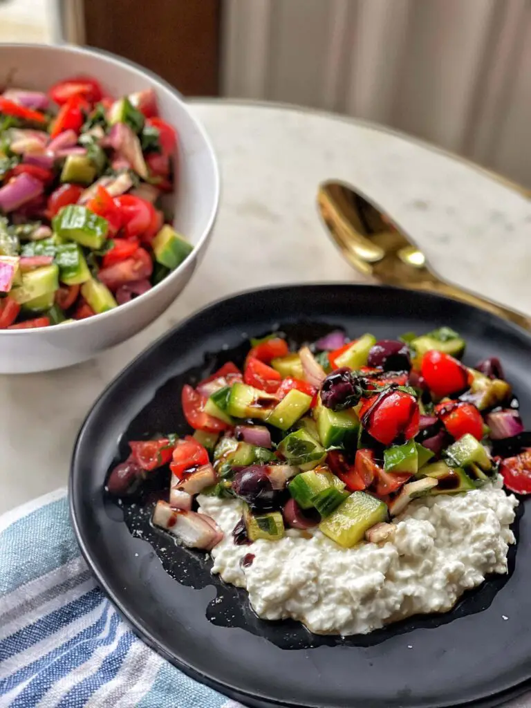 High Protein Cottage Cheese Recipes: Mediterranean Inspired Salad over Cottage Cheese