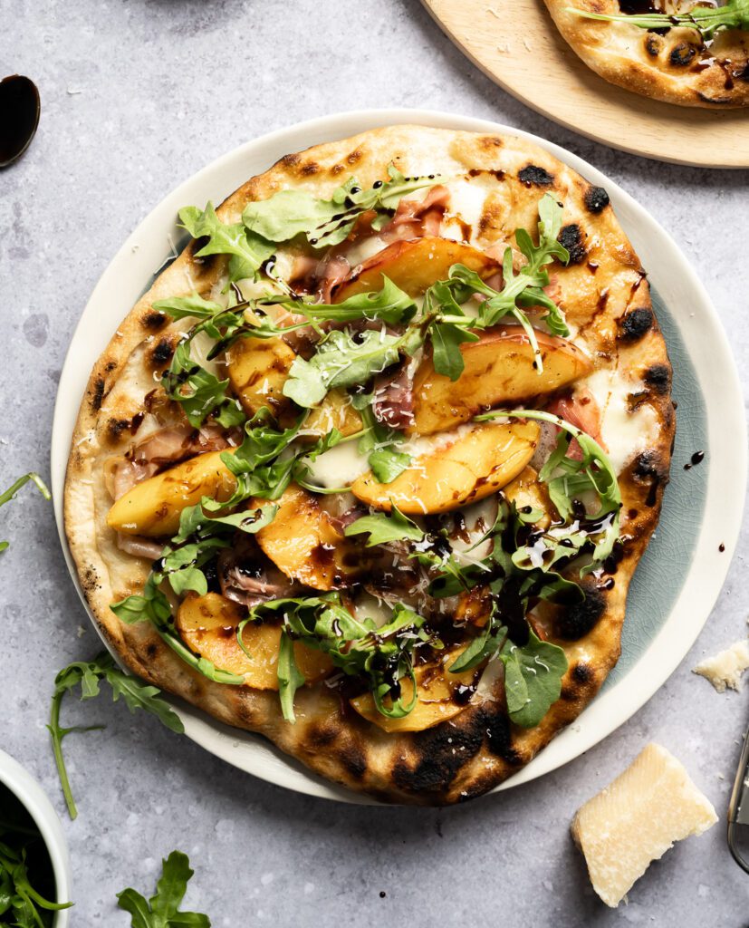 White Peach Recipes: Grilled Peach Pizza with Prosciutto and Arugula