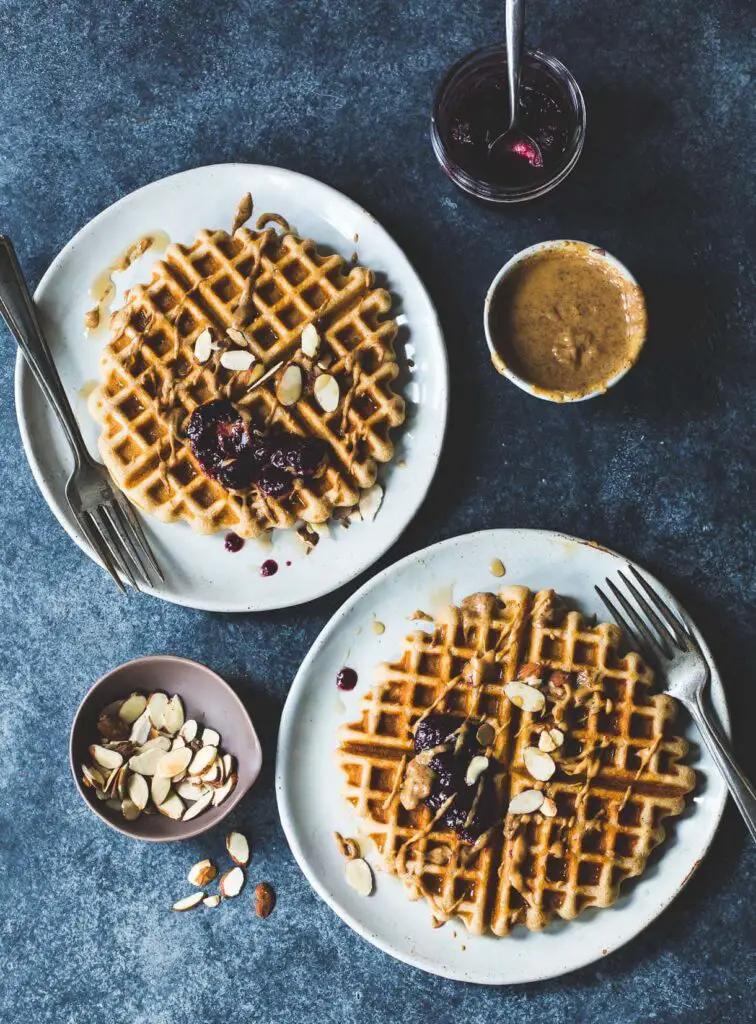 Brown Rice Flour Waffles with Almond Butter and Jam
