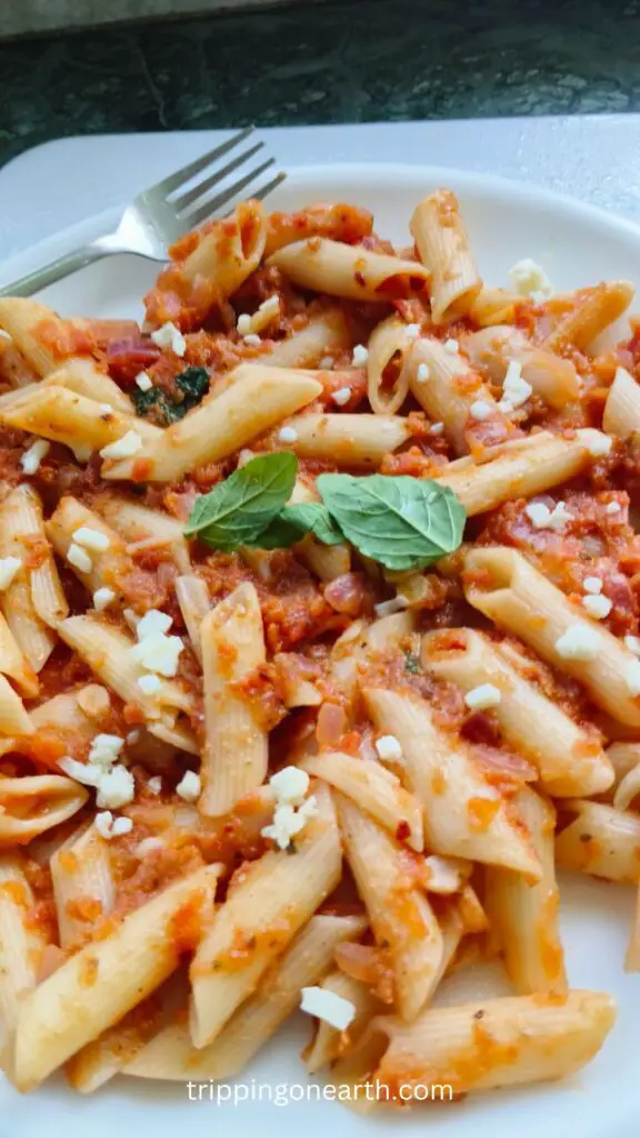 marinara sauce penne pasta on a white plate