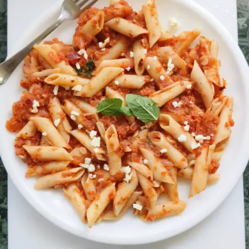 marinara sauce penne pasta on a white plate