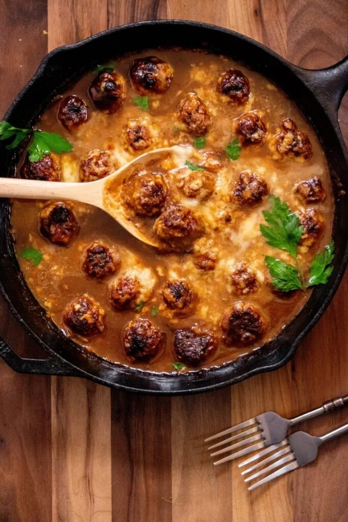 French Onion Chicken Meatballs in Sauce