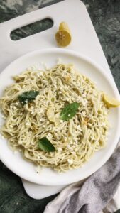 lemon pesto pasta on a white plate