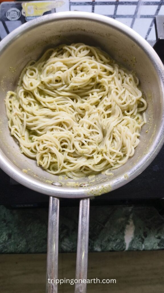 lemon pesto pasta in a skillet