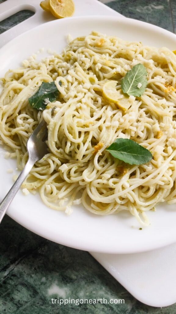 lemon pesto pasta on a white plate