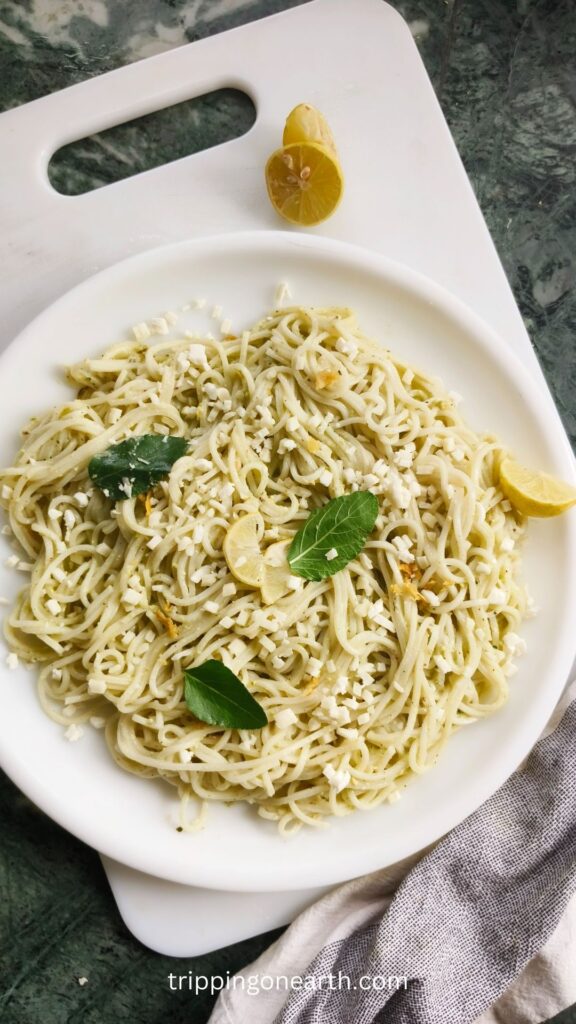 lemon pesto pasta on a white plate