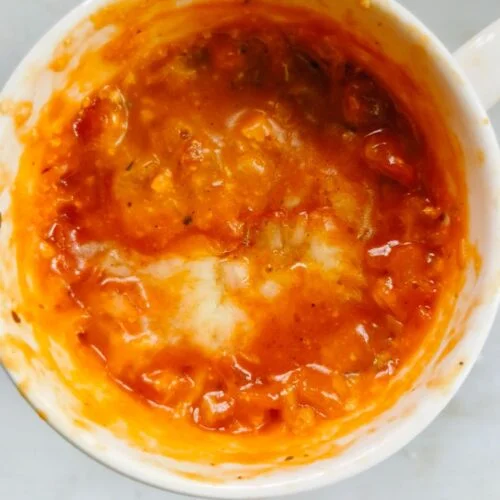 Top view of cottage cheese pizza bowl
