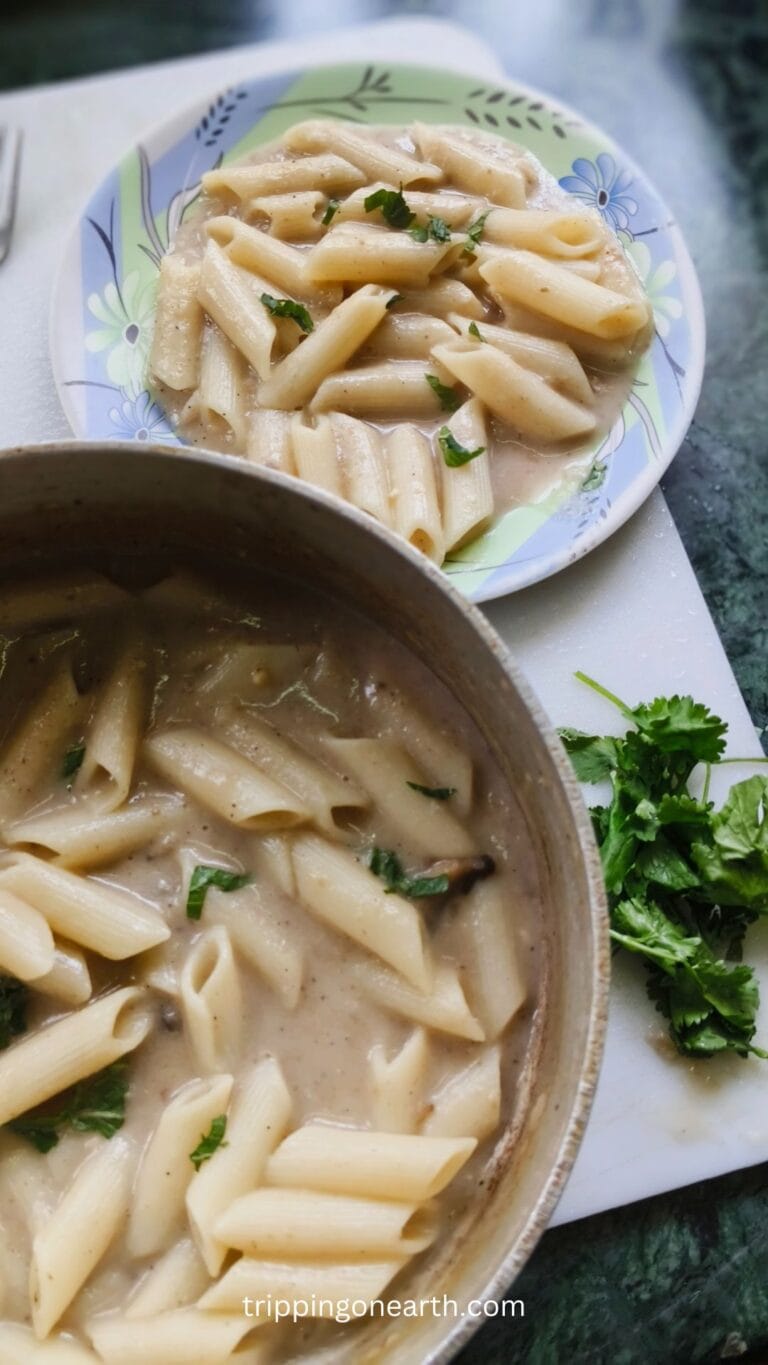 Easy And Delicious Mushroom Soup Pasta - Tripping On Earth