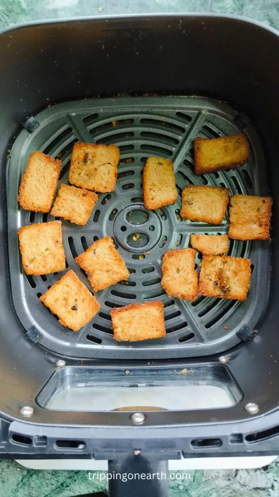 Cooked bread croutons in the air fryer