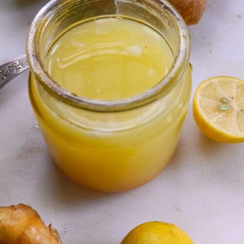 Lemon ginger salad dressing in a jar