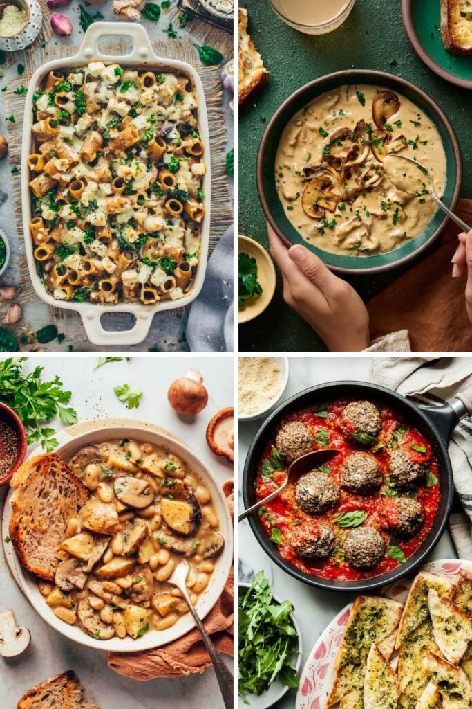 4 images of vegan mushroom recipes