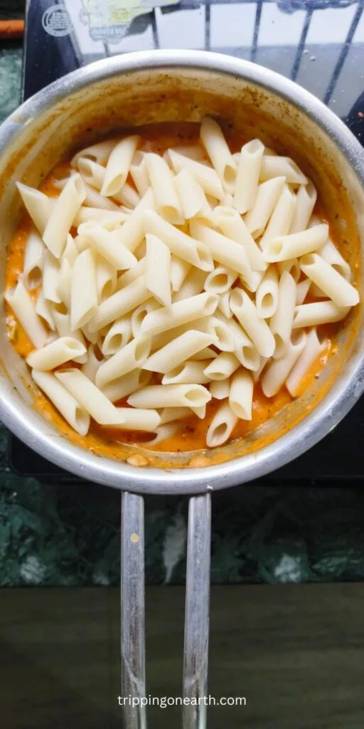 Pasta on top of the sauce