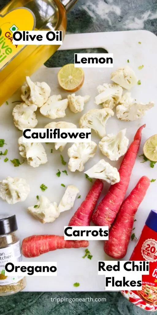 Ingredients laid out on a white chopping board
