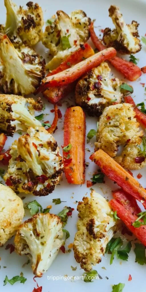 Roasted cauliflower and carrots on a white plate