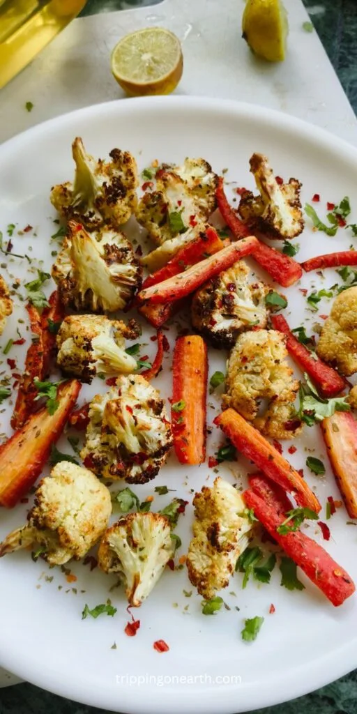 Roasted cauliflower and carrots on a white plate