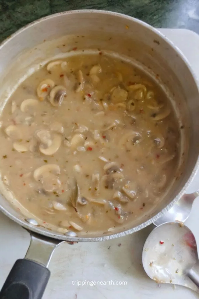 Vegan mushroom stroganoff sauce in a skillet