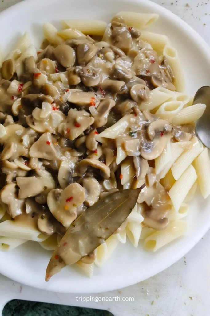 vegan mushroom stroganoff on a white plate mixed with pasta