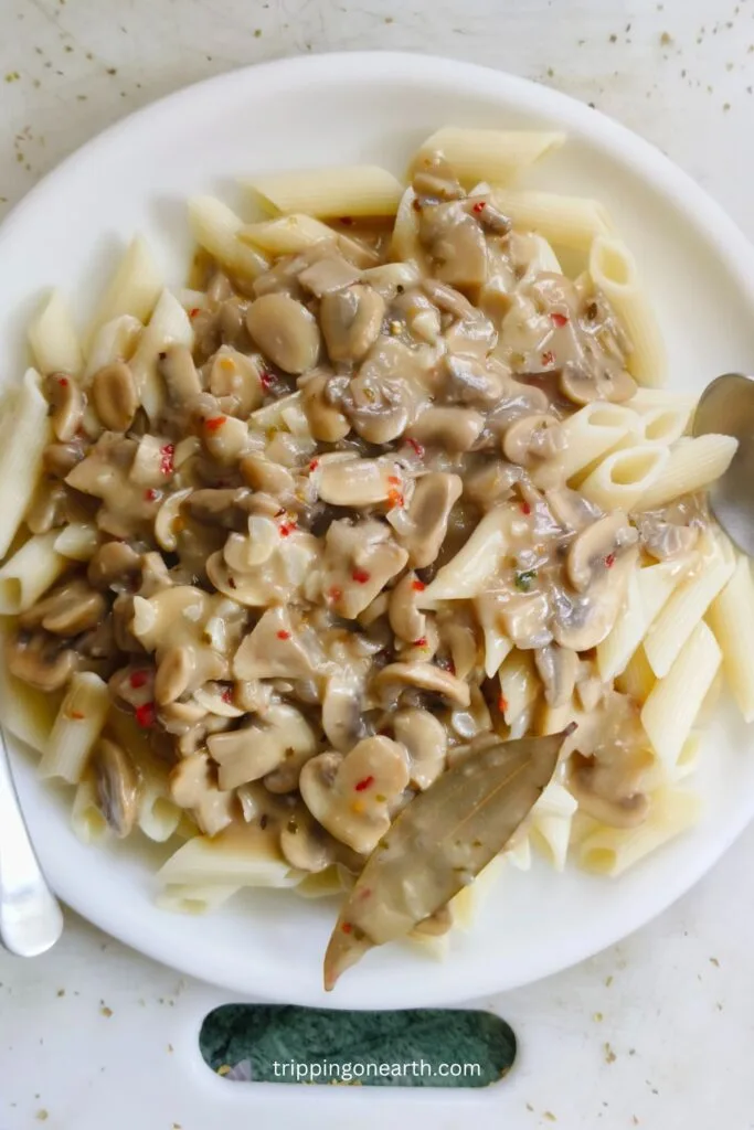 vegan mushroom stroganoff on a white plate mixed with pasta