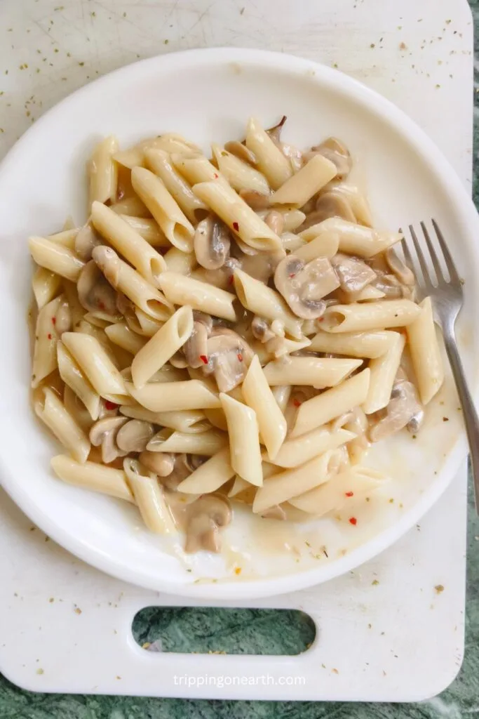 vegan mushroom stroganoff on a white plate mixed with pasta