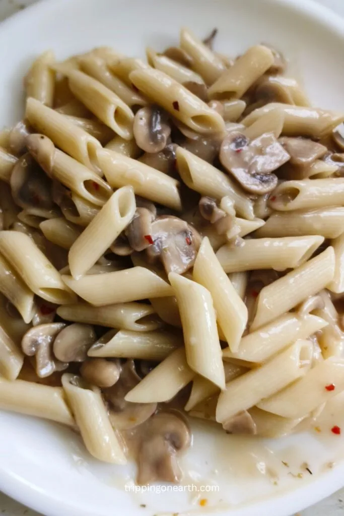 vegan mushroom stroganoff on a white plate mixed with pasta