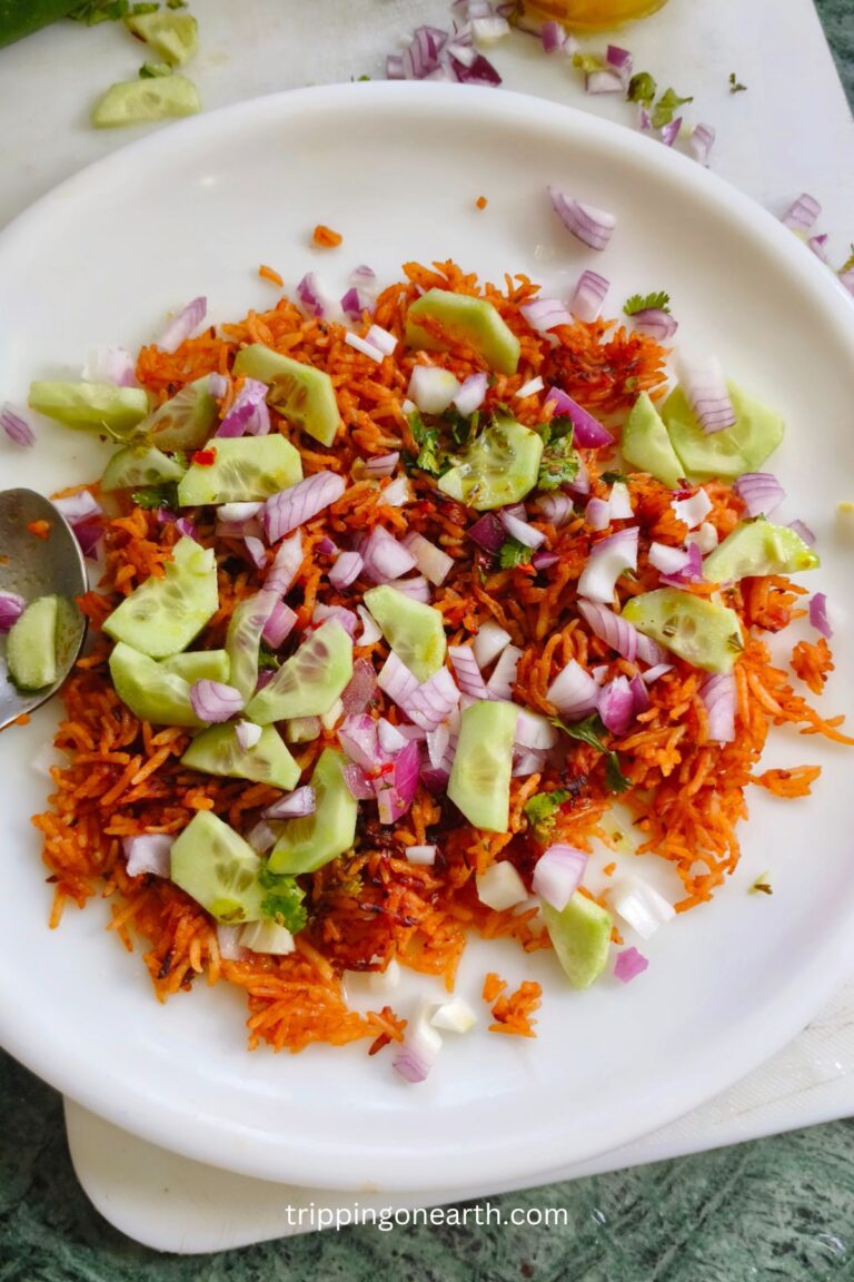 crispy rice salad on a white plate